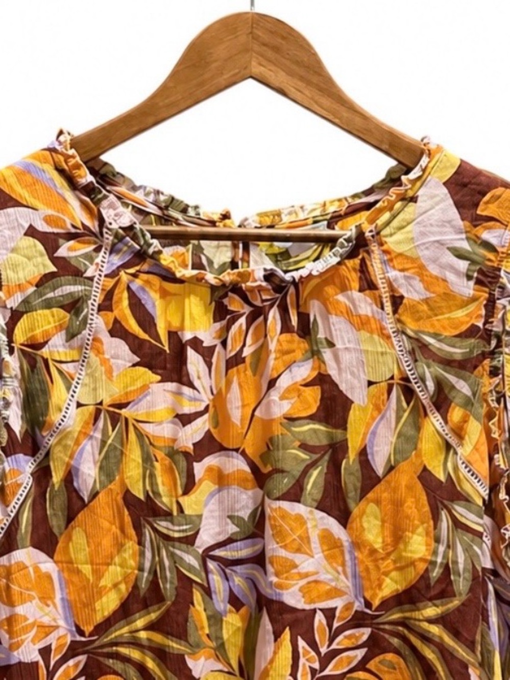 Tribal Jeans XL Floral Leaf Print Sleeveless Rayon Blouse Ruffle Trim - Picture 2 of 5
